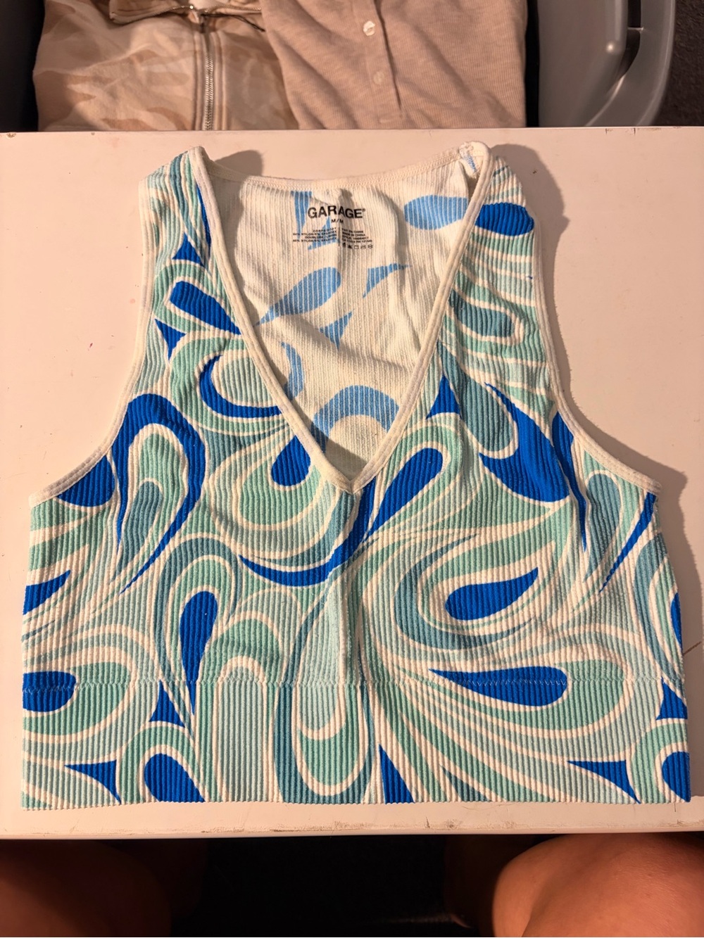 Garage Blue & Mint Swirl Ribbed V-Neck Crop Top